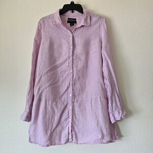 Tahari Women's Sz Medium Pink Linen Button Up Shirt‎ Tunic Roll Tab Sleeve Lagom